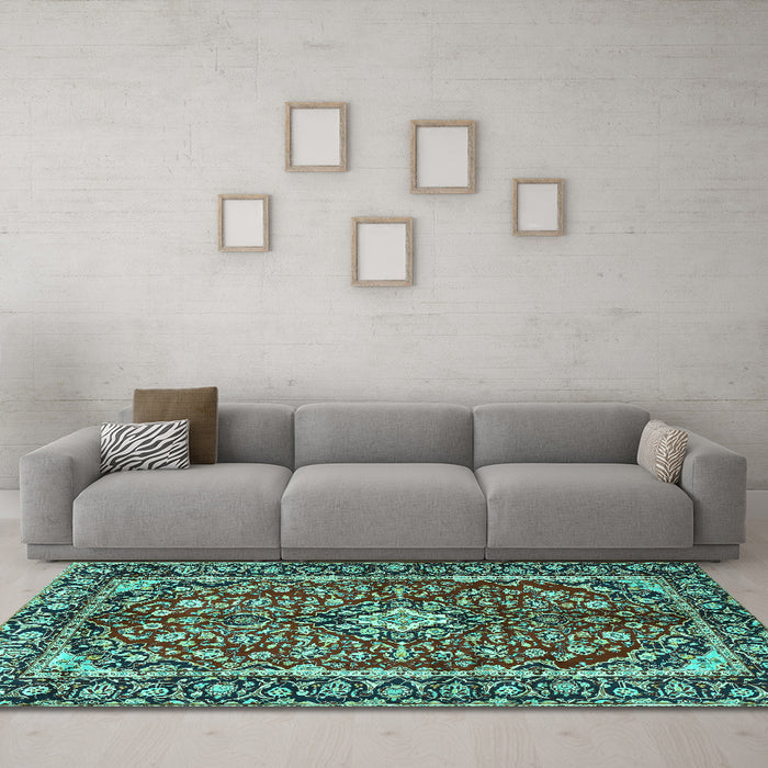 Machine Washable Medallion Turquoise Traditional Area Rugs in a Living Room,, wshtr4331turq