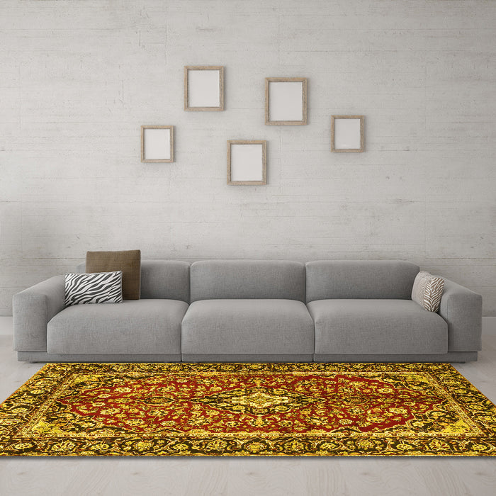 Machine Washable Medallion Yellow Traditional Rug in a Living Room, wshtr4331yw