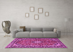 Machine Washable Medallion Pink Traditional Rug in a Living Room, wshtr4331pnk