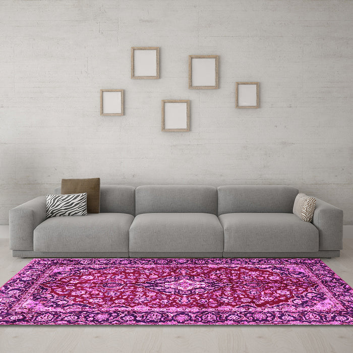 Machine Washable Medallion Pink Traditional Rug in a Living Room, wshtr4331pnk