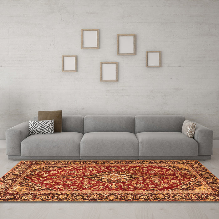 Machine Washable Medallion Orange Traditional Area Rugs in a Living Room, wshtr4331org