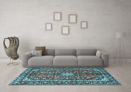 Machine Washable Medallion Light Blue Traditional Rug in a Living Room, wshtr4331lblu