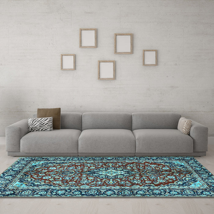 Machine Washable Medallion Light Blue Traditional Rug in a Living Room, wshtr4331lblu