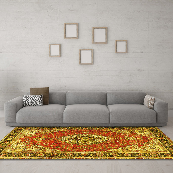 Machine Washable Persian Yellow Traditional Rug in a Living Room, wshtr4333yw