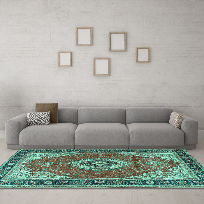 Machine Washable Persian Turquoise Traditional Area Rugs in a Living Room,, wshtr4333turq