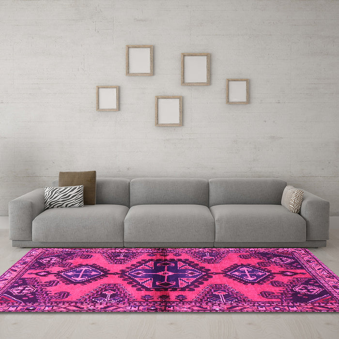 Machine Washable Persian Pink Traditional Rug in a Living Room, wshtr4334pnk