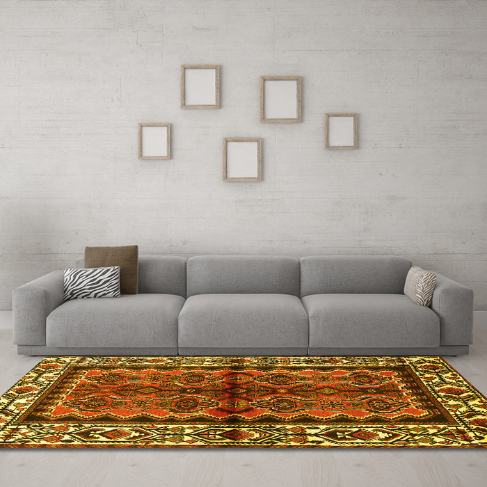 Machine Washable Persian Yellow Traditional Rug in a Living Room, wshtr4335yw