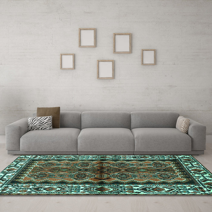 Machine Washable Persian Turquoise Traditional Area Rugs in a Living Room,, wshtr4335turq