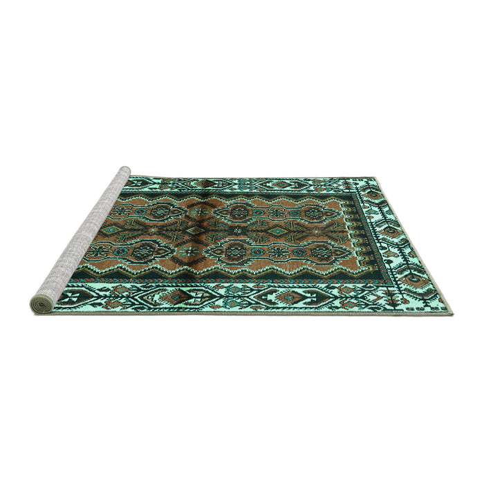 Sideview of Machine Washable Persian Turquoise Traditional Area Rugs, wshtr4335turq