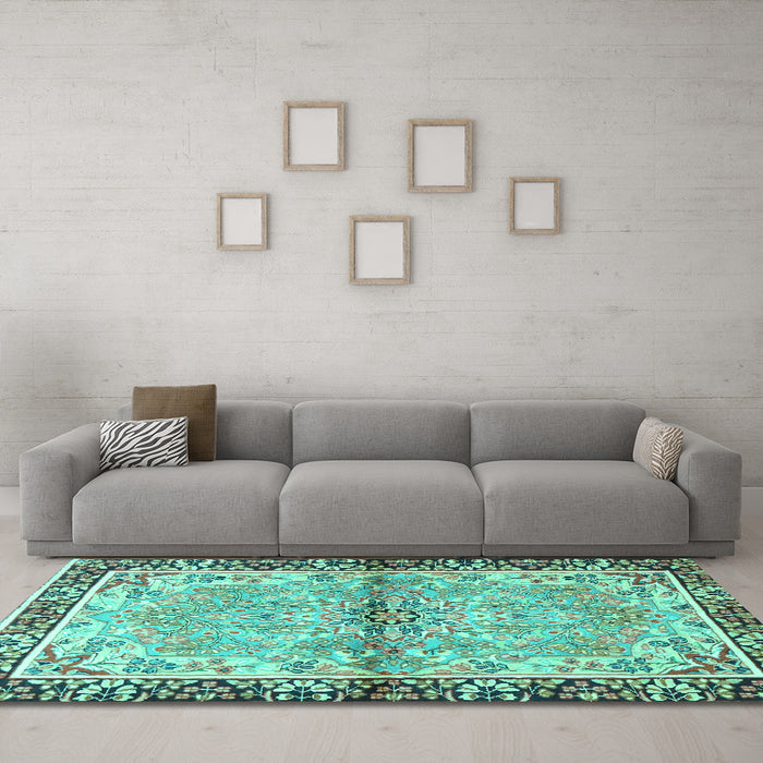 Machine Washable Persian Turquoise Traditional Area Rugs in a Living Room,, wshtr4337turq