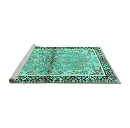 Sideview of Machine Washable Persian Turquoise Traditional Area Rugs, wshtr4337turq