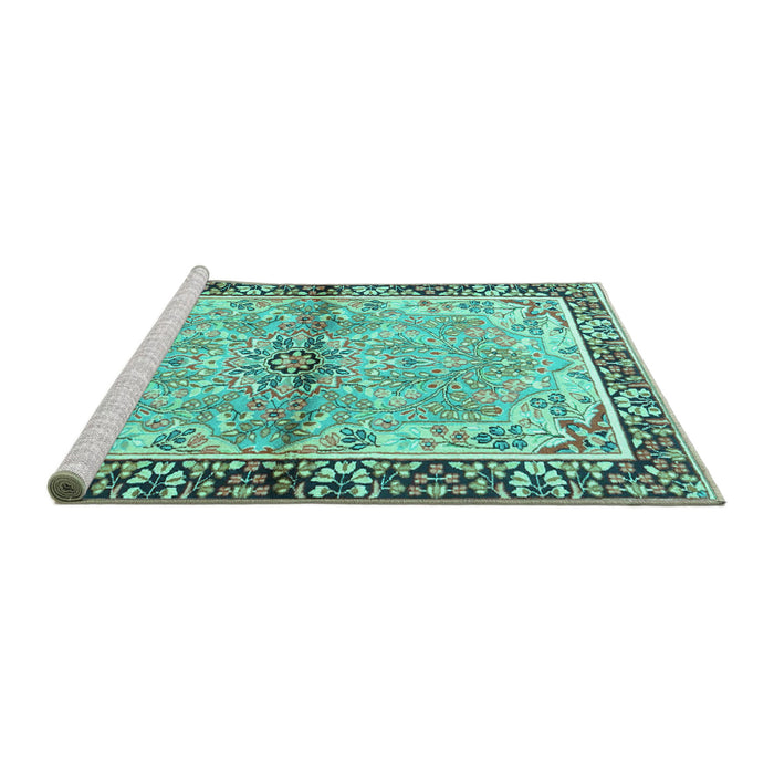 Sideview of Machine Washable Persian Turquoise Traditional Area Rugs, wshtr4337turq