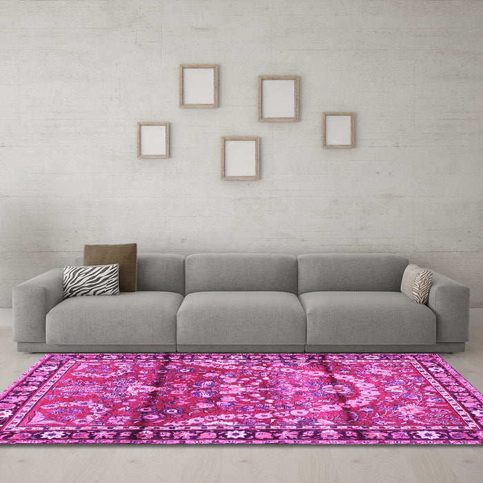 Machine Washable Persian Pink Traditional Rug in a Living Room, wshtr4338pnk