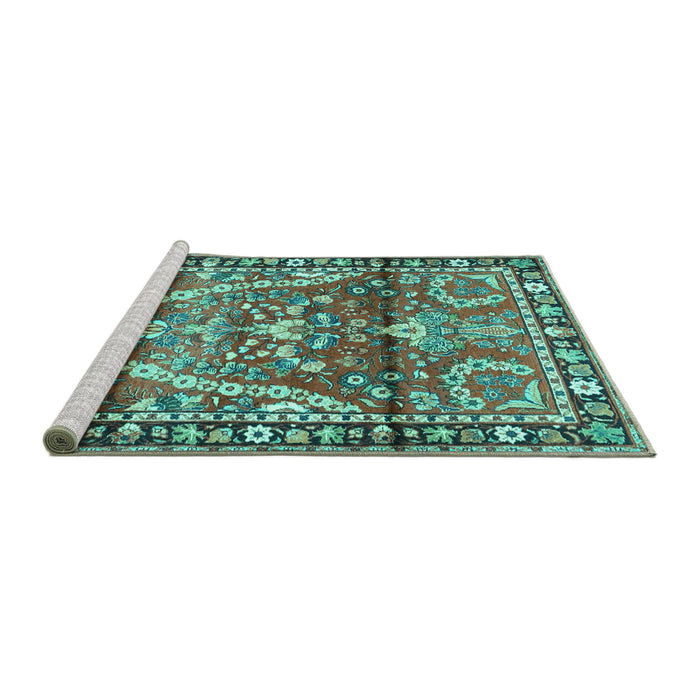 Sideview of Machine Washable Persian Turquoise Traditional Area Rugs, wshtr4338turq