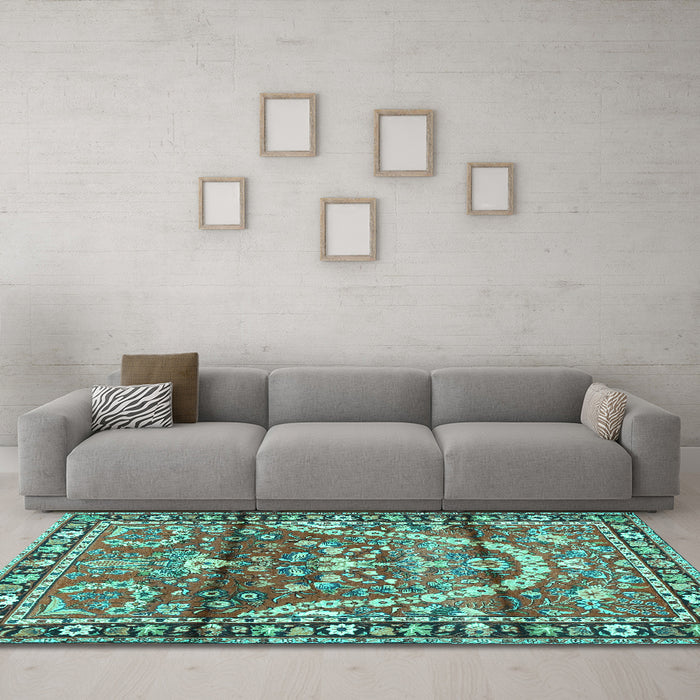 Machine Washable Persian Turquoise Traditional Area Rugs in a Living Room,, wshtr4338turq