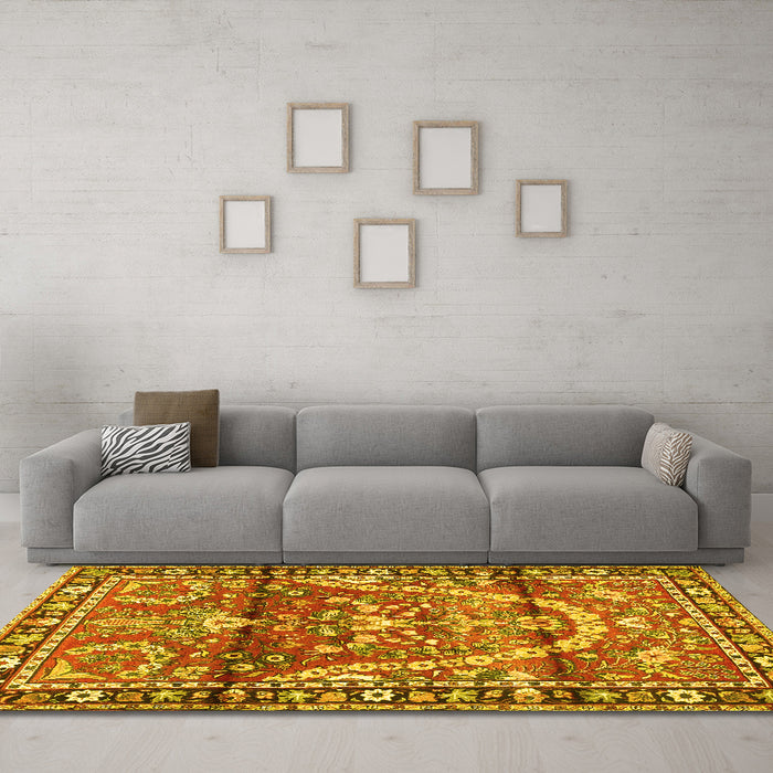 Machine Washable Persian Yellow Traditional Rug in a Living Room, wshtr4338yw