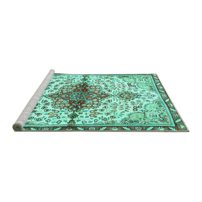 Sideview of Machine Washable Persian Turquoise Traditional Area Rugs, wshtr4339turq