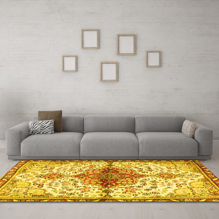 Machine Washable Persian Yellow Traditional Rug in a Living Room, wshtr4339yw