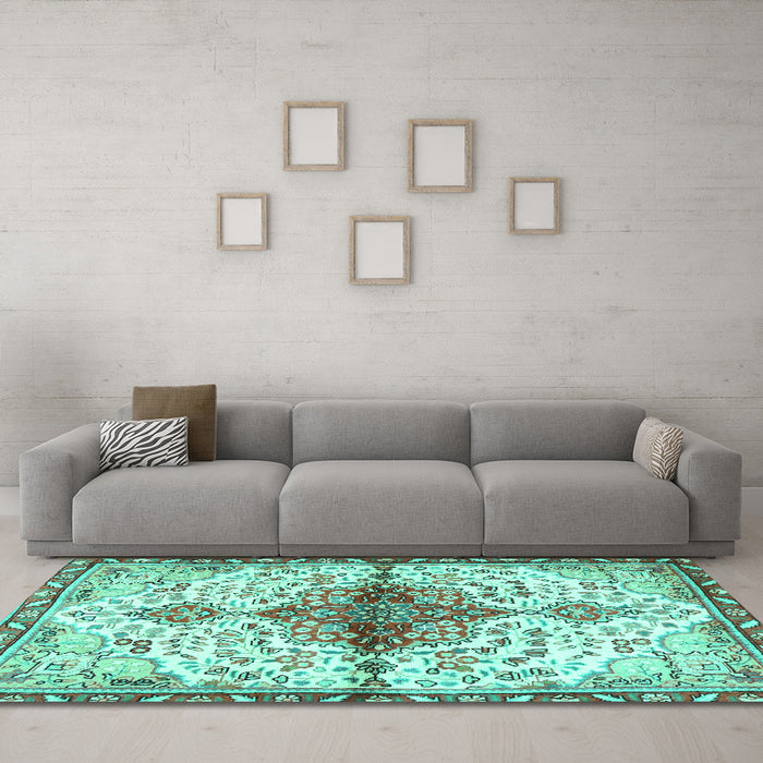 Machine Washable Persian Turquoise Traditional Area Rugs in a Living Room,, wshtr4339turq