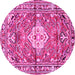 Round Machine Washable Medallion Pink Traditional Rug, wshtr4340pnk