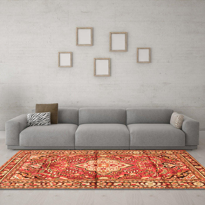 Machine Washable Medallion Orange Traditional Area Rugs in a Living Room, wshtr4340org