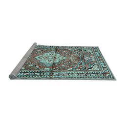 Sideview of Machine Washable Medallion Light Blue Traditional Rug, wshtr4340lblu