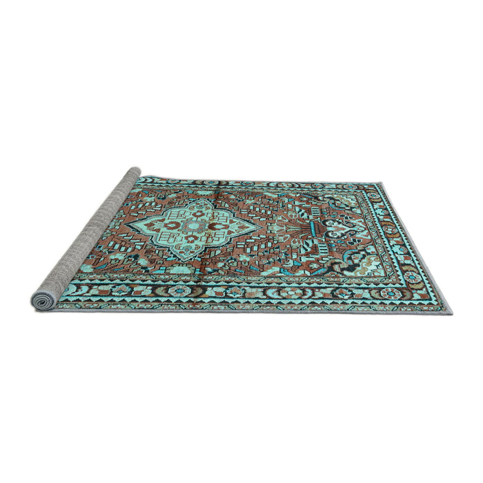 Sideview of Machine Washable Medallion Light Blue Traditional Rug, wshtr4340lblu