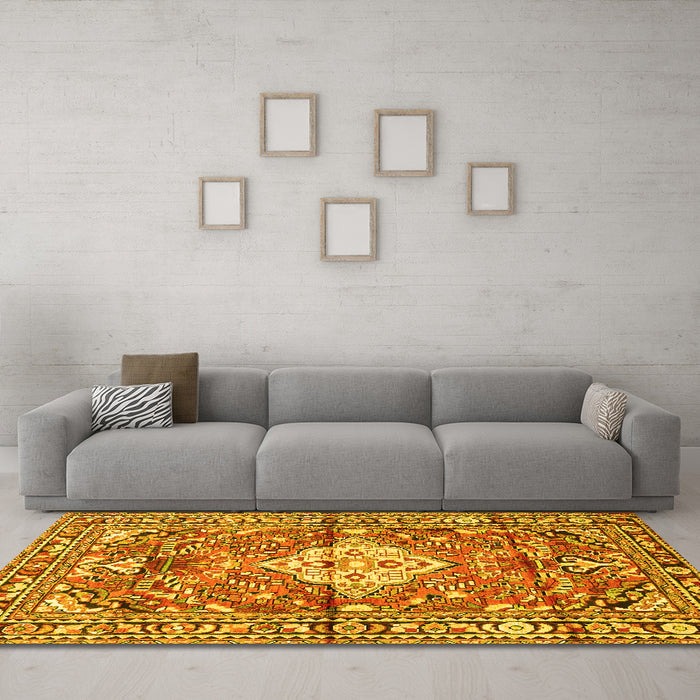 Machine Washable Medallion Yellow Traditional Rug in a Living Room, wshtr4340yw
