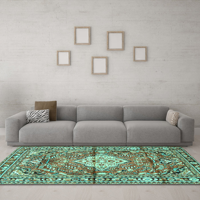 Machine Washable Medallion Turquoise Traditional Area Rugs in a Living Room,, wshtr4340turq
