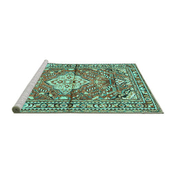 Sideview of Machine Washable Medallion Turquoise Traditional Area Rugs, wshtr4340turq
