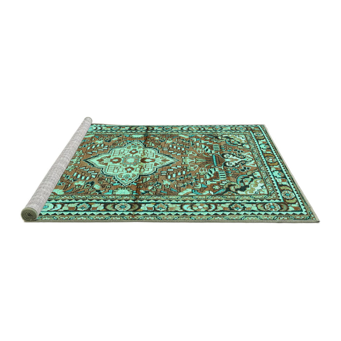 Sideview of Machine Washable Medallion Turquoise Traditional Area Rugs, wshtr4340turq