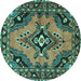 Round Machine Washable Medallion Turquoise Traditional Area Rugs, wshtr4341turq