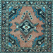 Square Machine Washable Medallion Light Blue Traditional Rug, wshtr4341lblu