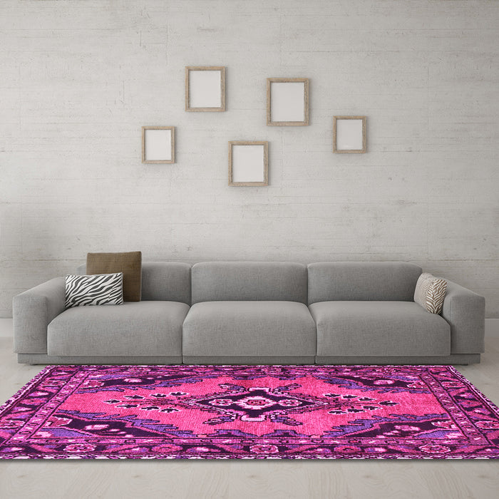 Machine Washable Medallion Pink Traditional Rug in a Living Room, wshtr4341pnk