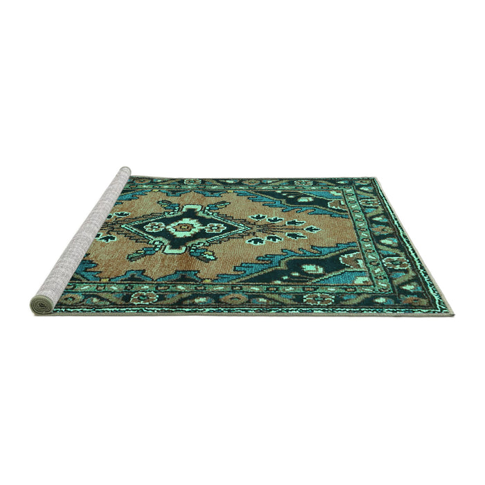 Sideview of Machine Washable Medallion Turquoise Traditional Area Rugs, wshtr4341turq