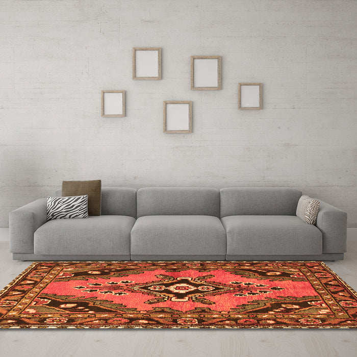 Machine Washable Medallion Orange Traditional Area Rugs in a Living Room, wshtr4341org