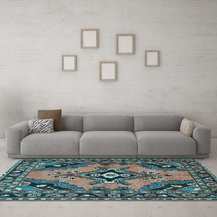 Machine Washable Medallion Light Blue Traditional Rug in a Living Room, wshtr4341lblu