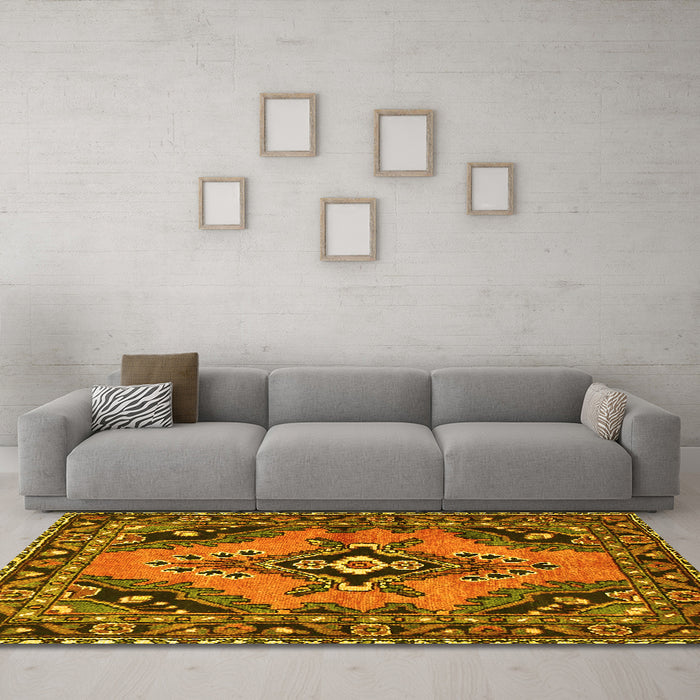 Machine Washable Medallion Yellow Traditional Rug in a Living Room, wshtr4341yw