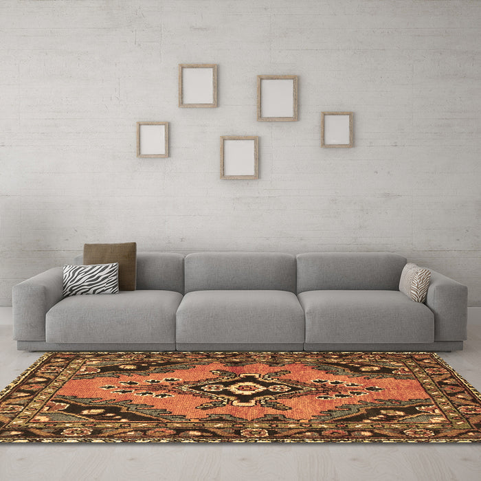 Machine Washable Medallion Brown Traditional Rug in a Living Room,, wshtr4341brn