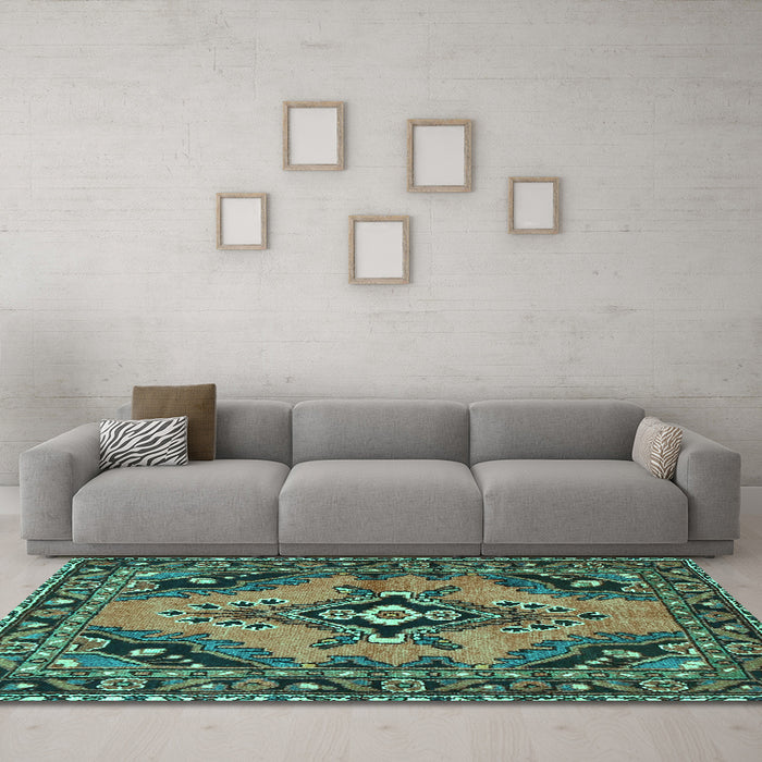 Machine Washable Medallion Turquoise Traditional Area Rugs in a Living Room,, wshtr4341turq