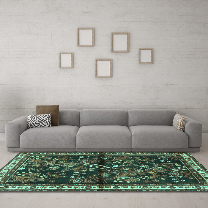 Machine Washable Persian Turquoise Traditional Area Rugs in a Living Room,, wshtr4342turq