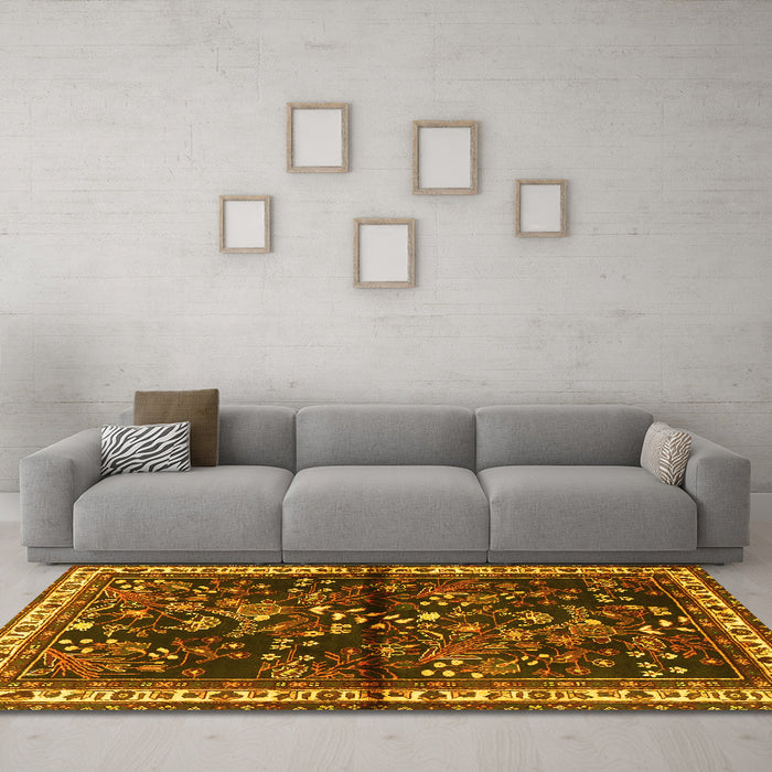 Machine Washable Persian Yellow Traditional Rug in a Living Room, wshtr4342yw