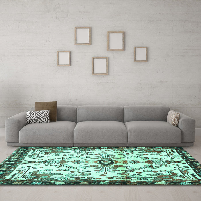 Machine Washable Animal Turquoise Traditional Area Rugs in a Living Room,, wshtr4343turq