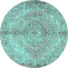 Round Machine Washable Medallion Turquoise Traditional Area Rugs, wshtr4346turq