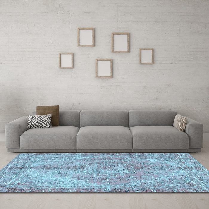 Machine Washable Medallion Light Blue Traditional Rug in a Living Room, wshtr4346lblu