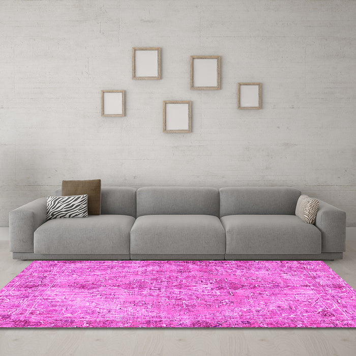 Machine Washable Medallion Pink Traditional Rug in a Living Room, wshtr4346pnk