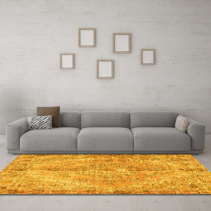 Machine Washable Medallion Yellow Traditional Rug in a Living Room, wshtr4346yw