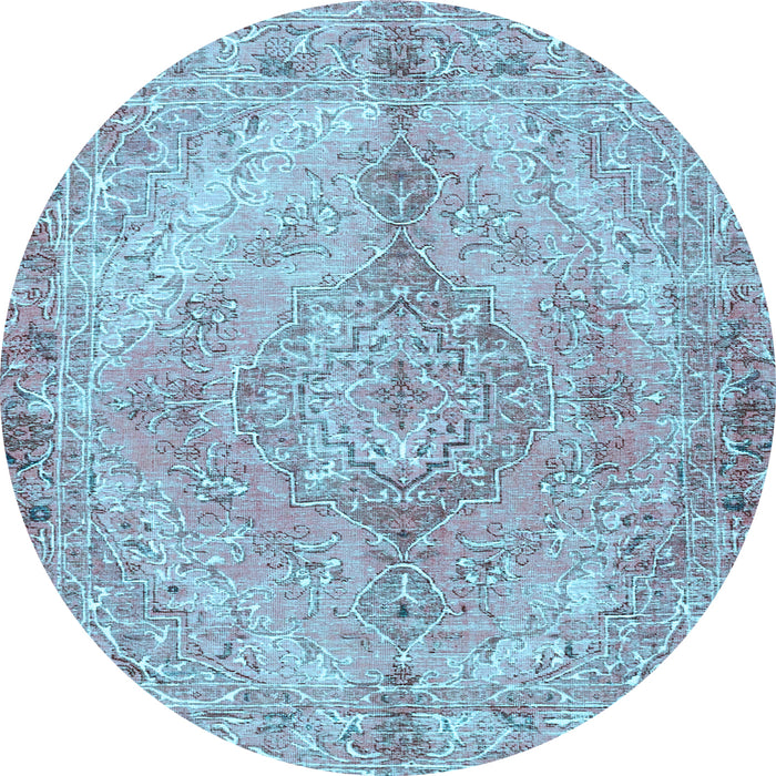 Round Machine Washable Medallion Light Blue Traditional Rug, wshtr4346lblu