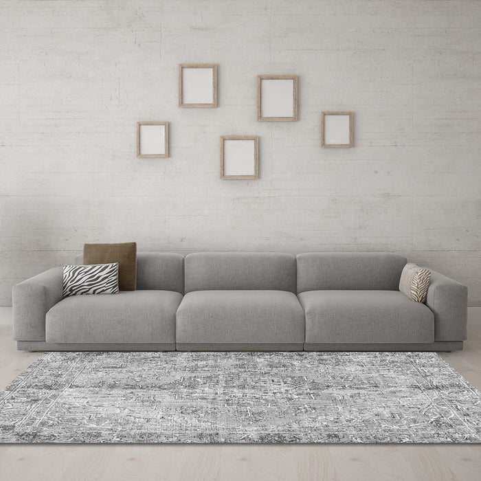 Machine Washable Medallion Gray Traditional Rug in a Living Room,, wshtr4346gry