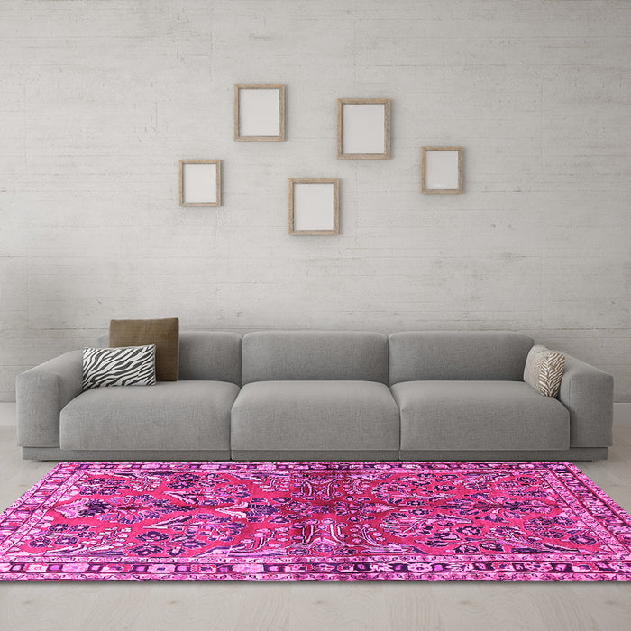 Machine Washable Persian Pink Traditional Rug in a Living Room, wshtr4348pnk